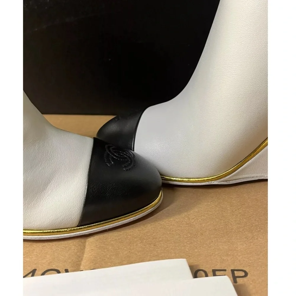 NWT CHANEL white black and gold wedge booties